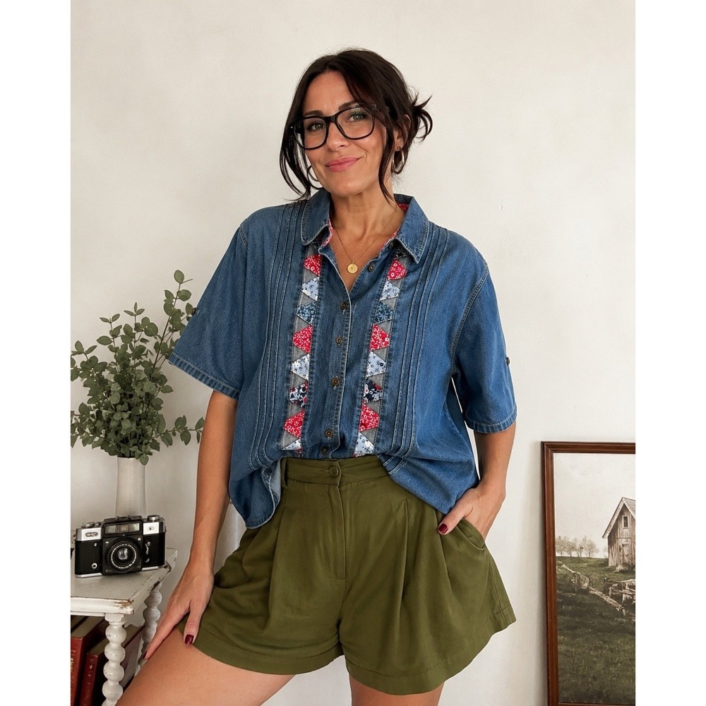 Koret City Blues Denim Patchwork Button Front Shirt Womens 20W Cottagecore